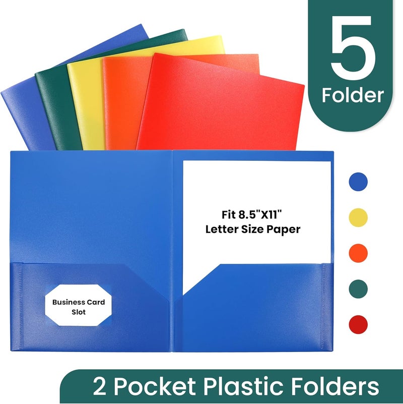 Gnl Plastic Folders with Pockets, Pack of 5, Colored Heavy Duty 2 Pocket File Folders Letter Size, Pocket Folders for School, Home, and Office - Image 2